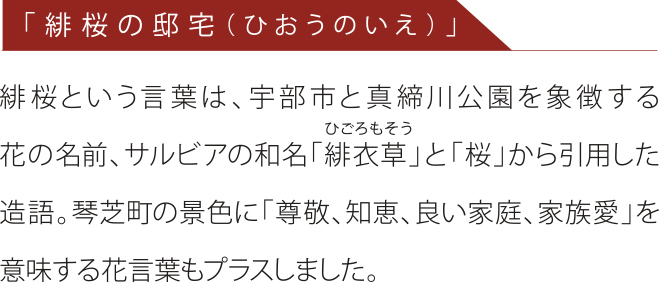 緋桜という言葉は、宇部市と真締川公園を象徴する花の名前、サルビアの和名「緋衣草」と「桜」から引用した造語。琴芝町の景色に「尊敬、知恵、良い家庭、家族愛」を意味する花言葉もプラスしました。