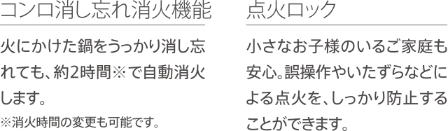 コンロ消し忘れ消火機能・点火ロック