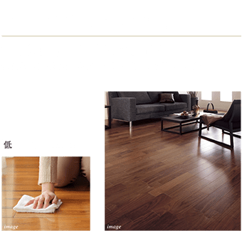 フローリング（ワックスフリー）-お掃除簡単、ワックスがけ不要「溝にごみやほこりがたまりにくくお掃除時は、から拭きするだけ。」