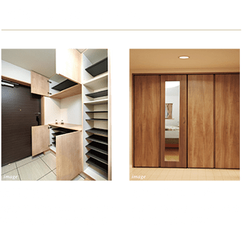 充実した収納スペース-玄関収納（1,200mm）「玄関には大容量のシューズボックスを設置しました。（スリッパラック付）」ミラー付クローゼット「姿見として使いやすいミラーを扉に設置しました。(洋室1）」